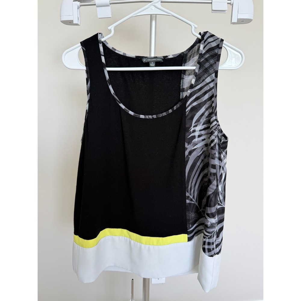Adrianna Papell Tank Top Womens Medium Black Mixed Media Palm Print Colorblock M